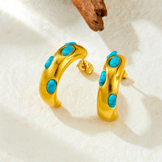Vintage Elegant Micro-Inlaid Turquoise Geometric Round Stud Earrings Stainless Steel