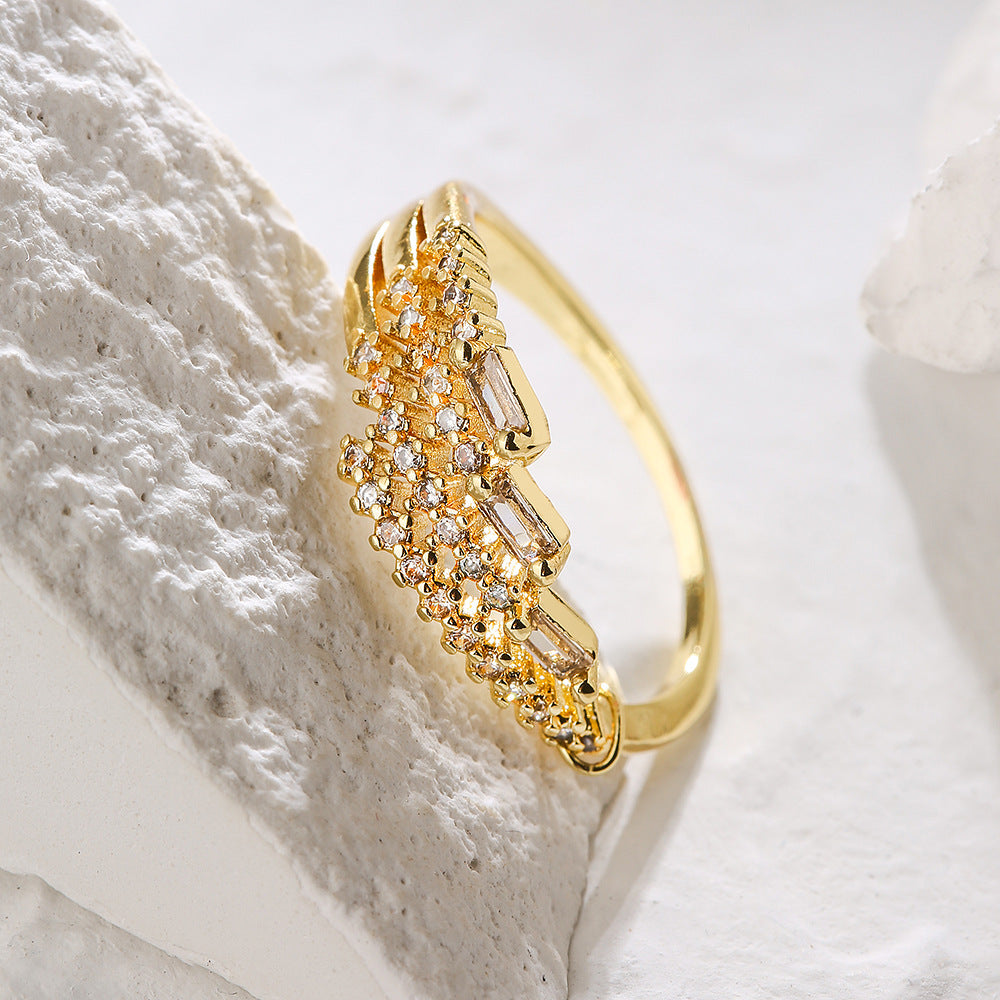 Irregular Geometric Open Ring for Women in Copper with Micro-Pave Zirconia, Vintage-Inspired Fashion Accessory
