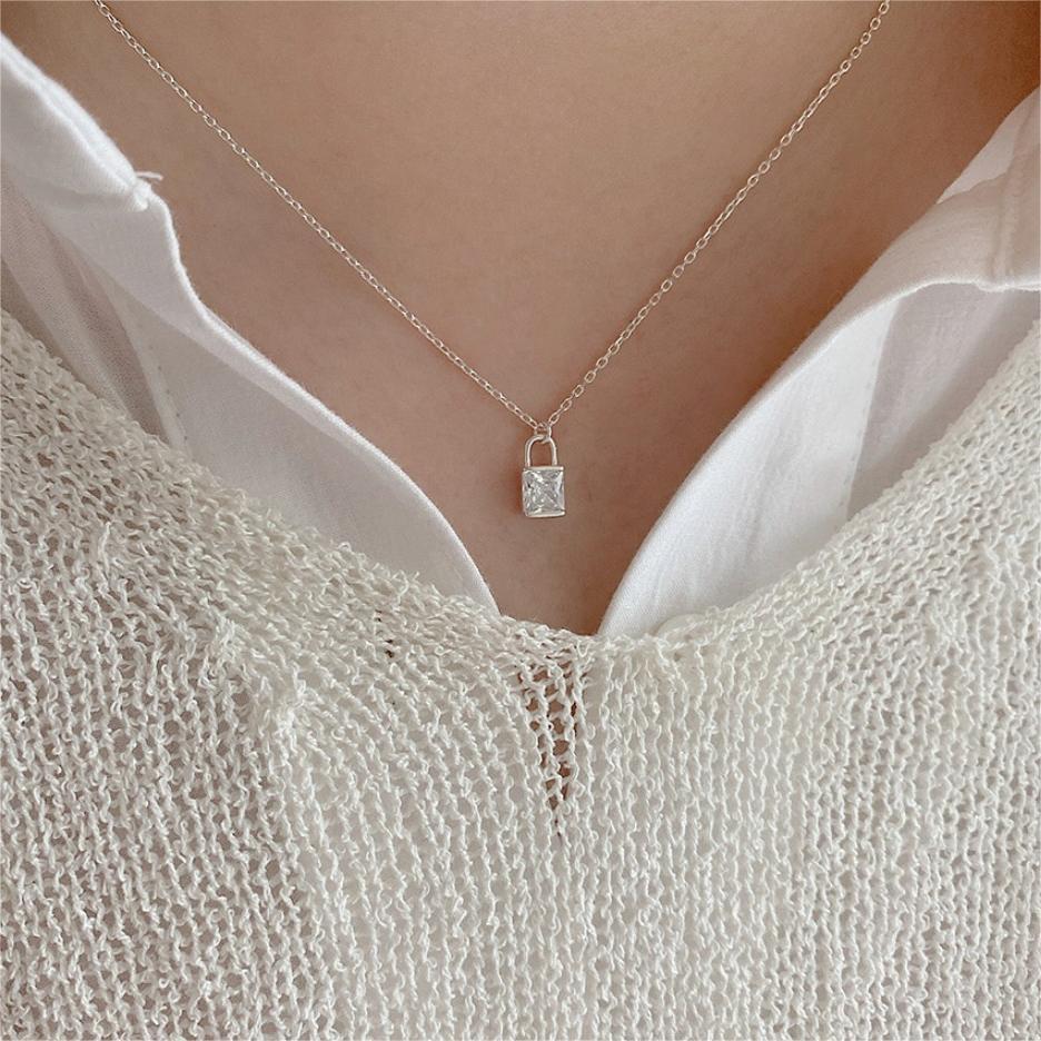 Minimalist Geometric Square Zircon Lock Pendant Necklace in 925 Sterling Silver with Plated Finish on Snake Chain