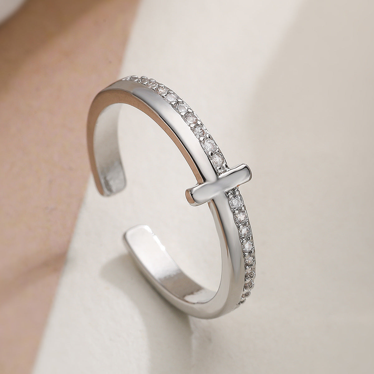 Minimalist 18K Gold Plated Brass Cross Ring with Cubic Zirconia for Women