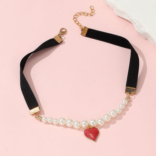 Minimalist Heart-Shaped Pearl Necklace for Girls with Black Cord Choker Style Pendant Chain