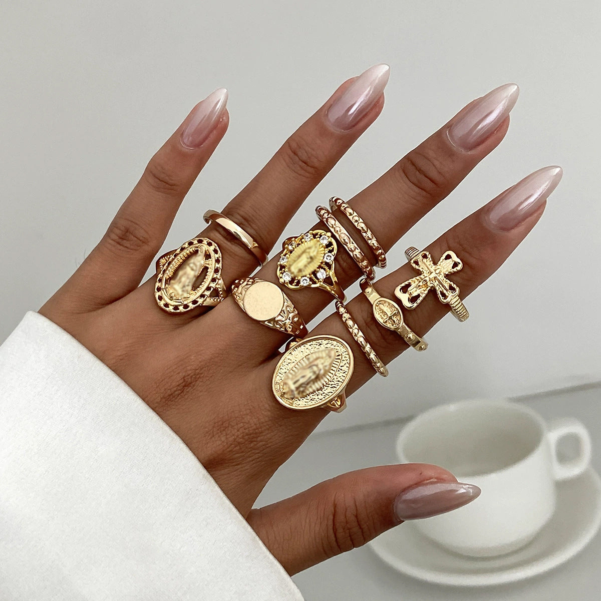 Luxury Rhinestone Inlaid Geometric Cross Zinc Alloy Ring Set for Women
