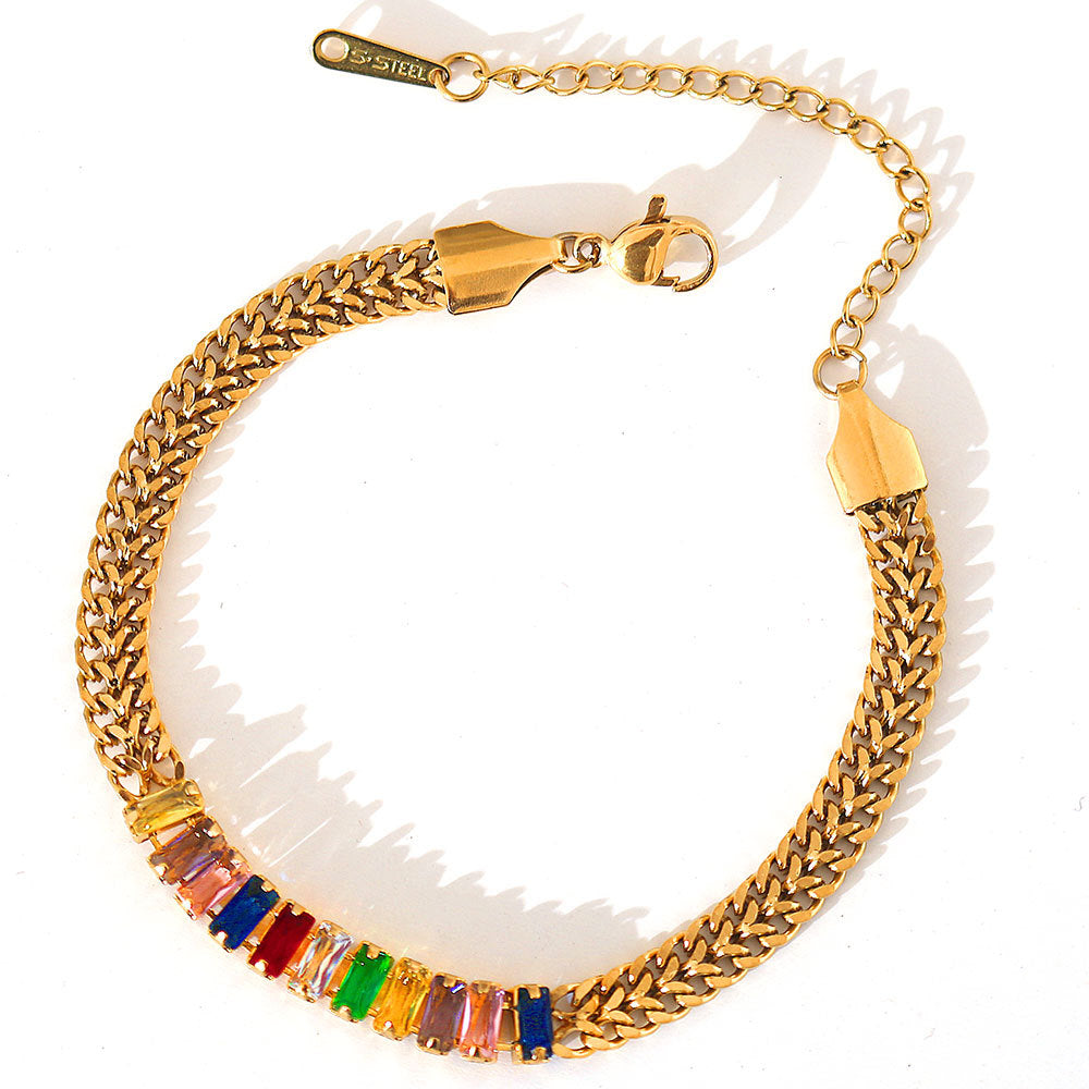 Pulsera Minimalista Retro Francesa de Acero Inoxidable para Mujer con Baño de Oro de 18K, Incrustaciones de Circonita y Diseño de Cadena de Malla