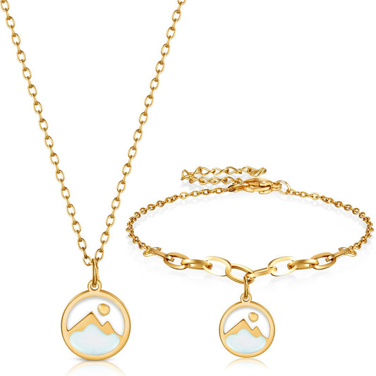 Natural Minimalist Round Pendant Necklace and Bracelet Set for Women in Stainless Steel with Polished Titanium Steel Charm on O-Chain