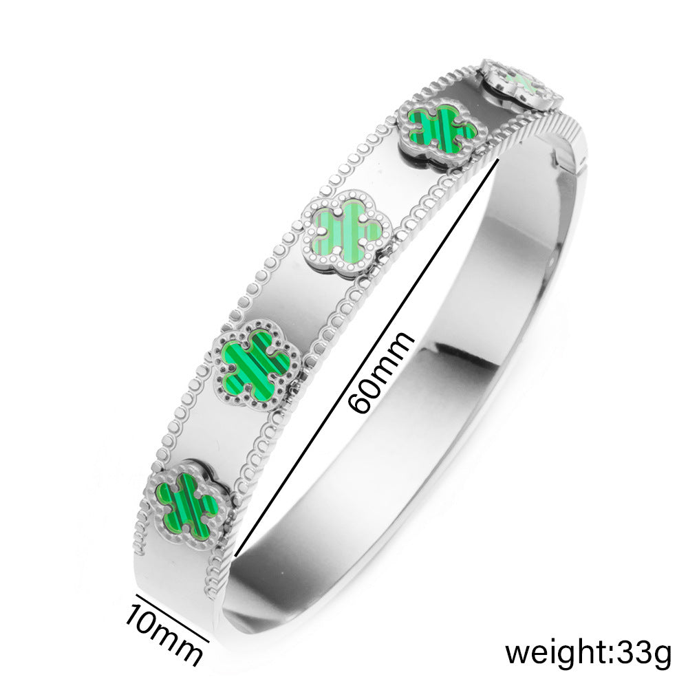 Pulsera de trébol de acero inoxidable de moda para mujer con incrustaciones de nácar, acabado galvanizado hipoalergénico, diseño ovalado geométrico