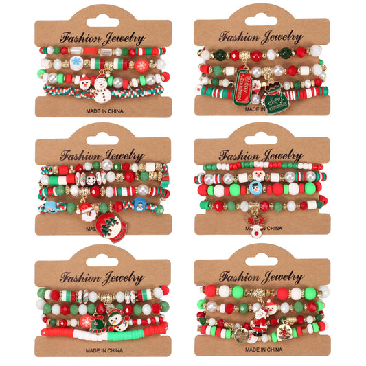 Unisex Natural Stone Beaded Bracelet with Snowman Christmas Tree Santa Reindeer Charms Floral Pattern Holiday Gift
