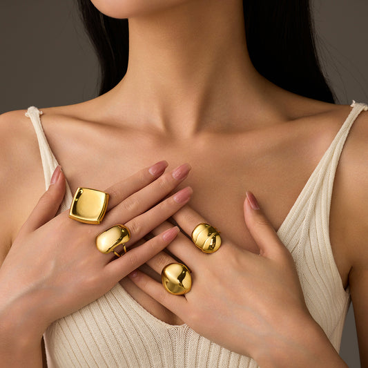 Geometric Stainless Steel Titanium Ring with 18K Gold Plating, Smooth Surface and Hollow Texture, Fashionable Office Lady Style
