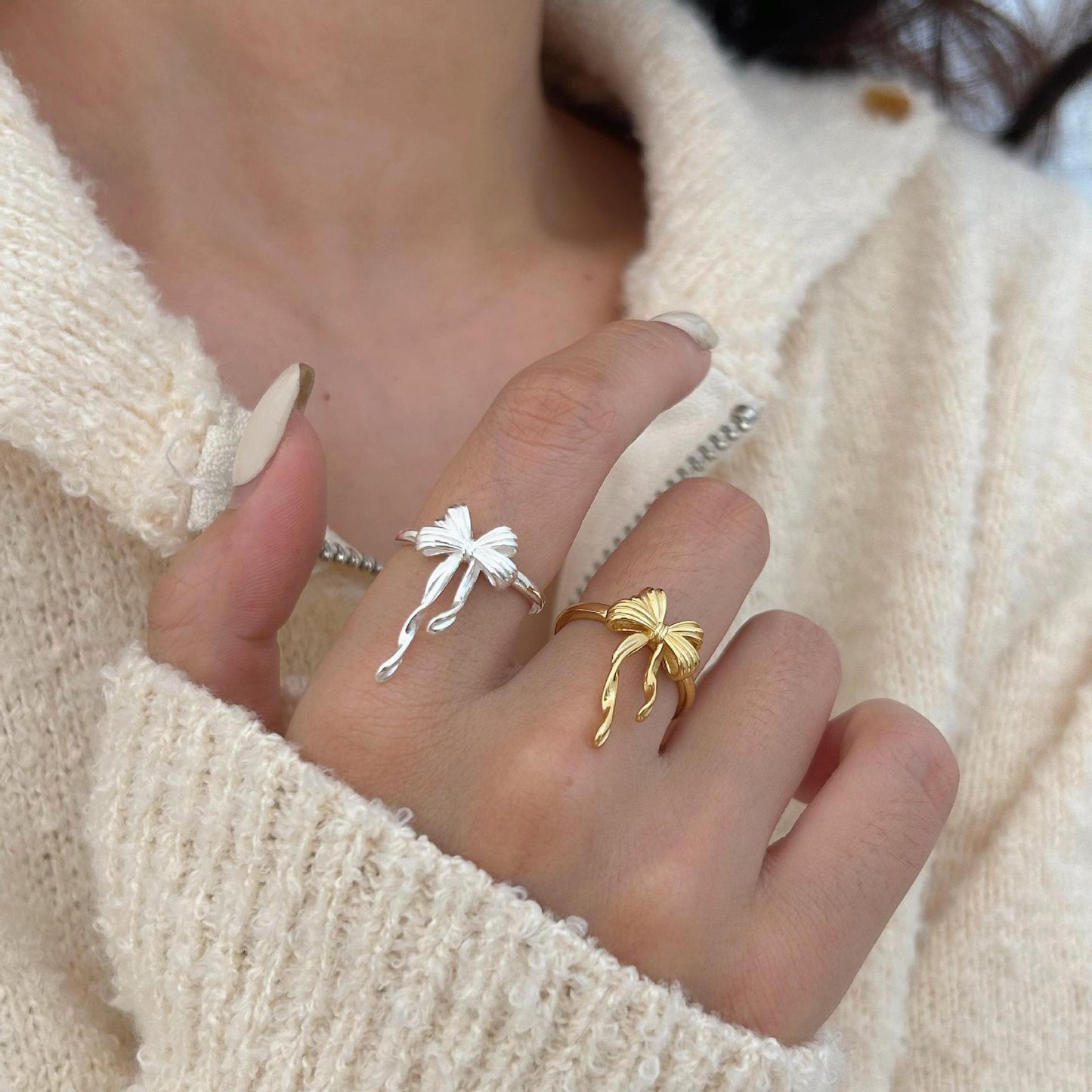 Minimalist Sweet 925 Sterling Silver Bow Ring for Women