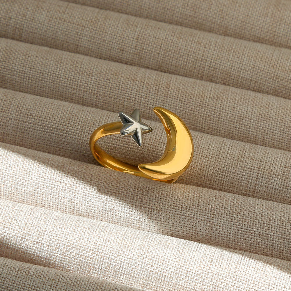 Anillo Abierto Ajustable Minimalista de Acero Inoxidable con Forma de Estrella y Luna con Baño de Oro para Mujeres y Hombres