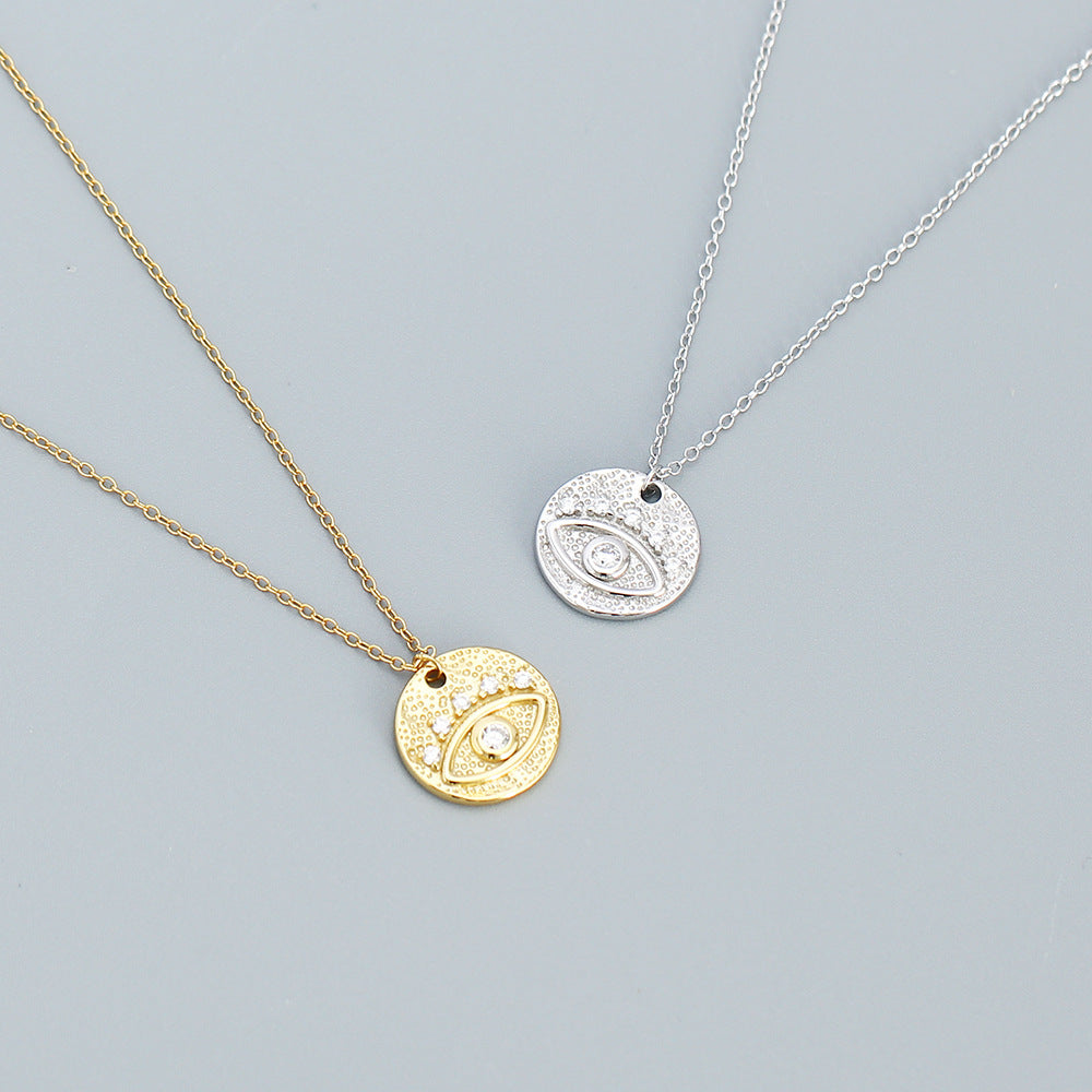 Minimalist Geometric Silver Coin Pendant Necklace with Evil Eye Charm, 925 Sterling Silver Snake Bone and O-Shape Layered Locket Chain