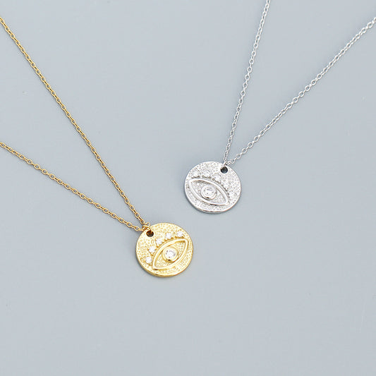 Collar con colgante de moneda de plata geométrica minimalista con dije de ojo turco, cadena de serpiente de plata de ley 925 y medallón de capas en forma de O