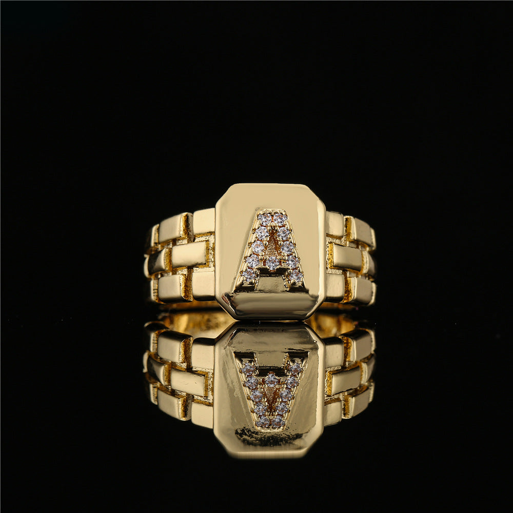 Minimalist Adjustable Open Ring with 18K Gold Plated Copper Band and AAA Zircon Letters Design