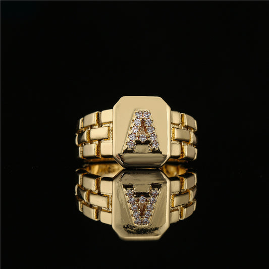 Minimalist Adjustable Open Ring with 18K Gold Plated Copper Band and AAA Zircon Letters Design