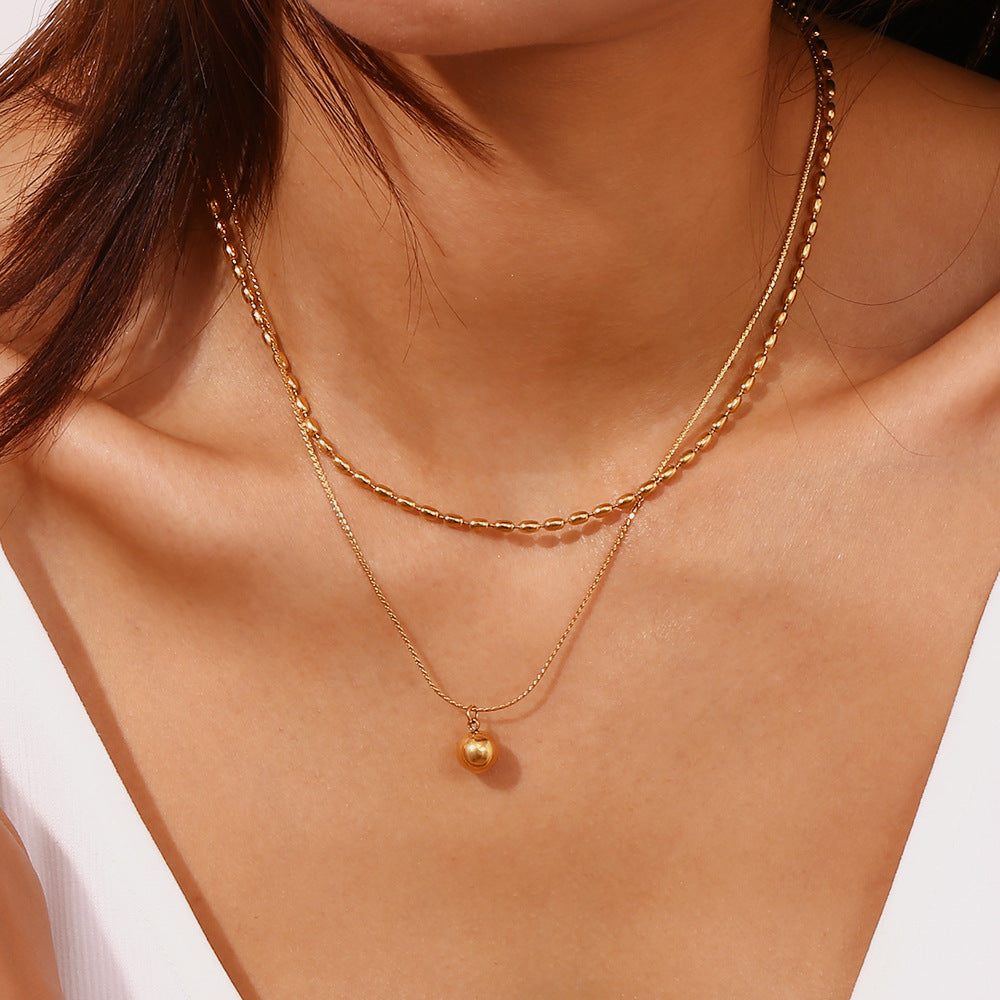 Minimalist Geometric Stainless Steel Pendant Necklace for Women with 18K Gold Plating and Double-Layer Pearl Beads