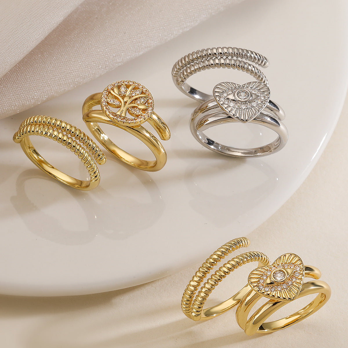 Minimalist Gold Plated Brass Geometric Ring with Cubic Zirconia Evil Eye and Tree of Life Design for Women