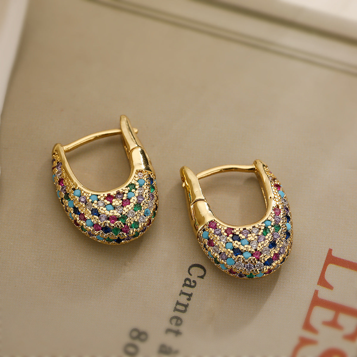 Minimalist Geometric U-Shaped Earrings for Women with Copper Base Plated in 18K Gold and Zircon Inlay