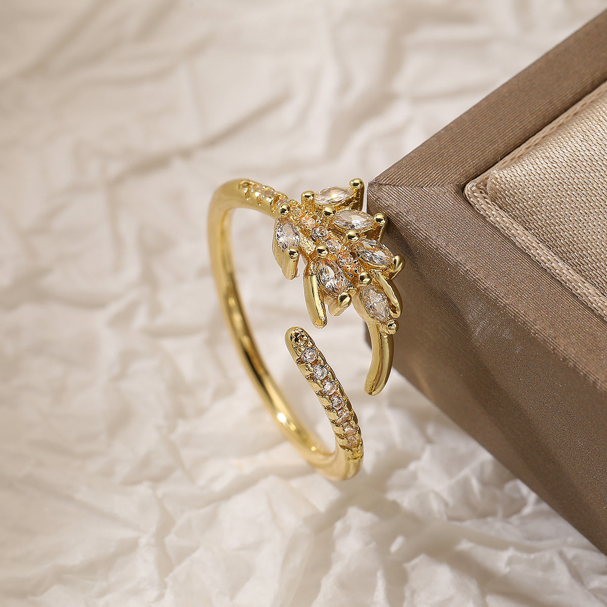Minimalist Geometric Open Ring for Women in Brass with Real Gold Plating and Zircon Inlay