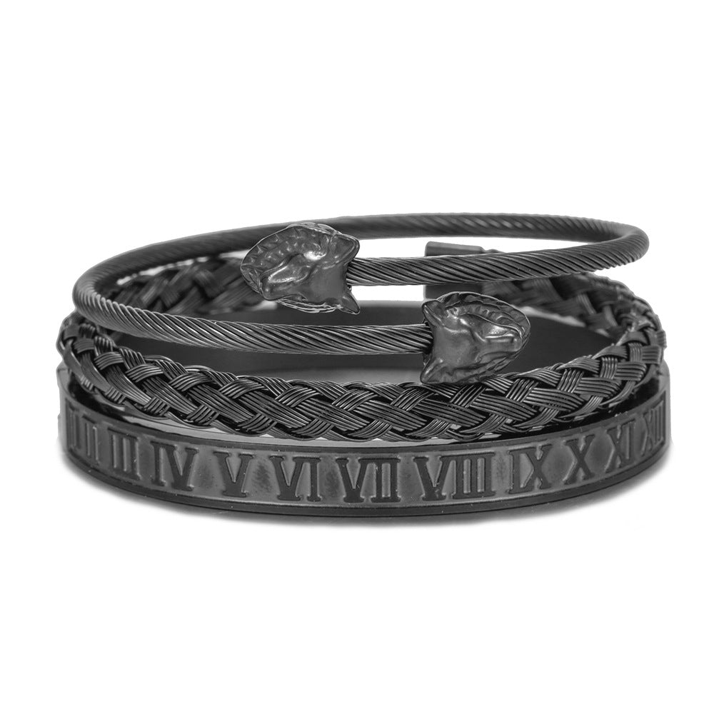 Personalized Wolf Head Roman Numeral Woven Titanium Steel Bracelet Set for Men and Women