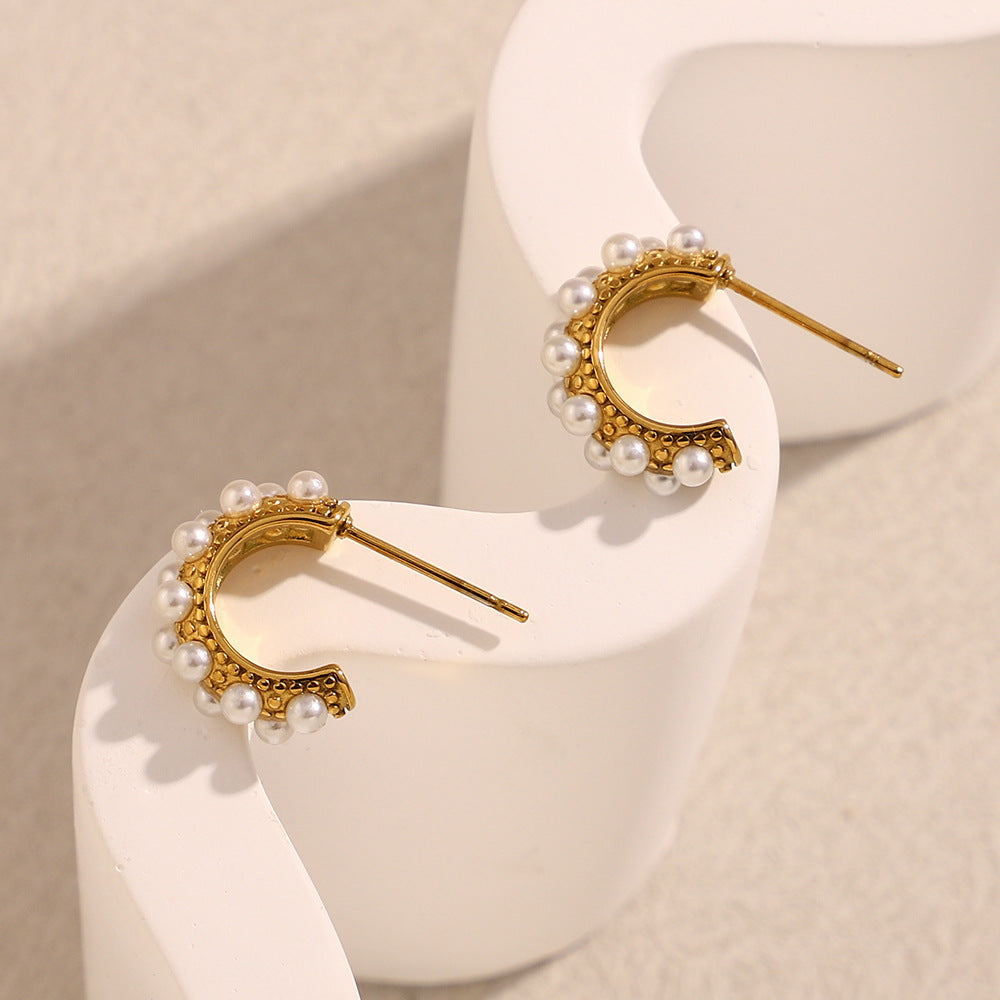 Minimalist Geometric C-Shaped Stainless Steel Earrings with 18K Gold Plating and Simulated Pearl Accents