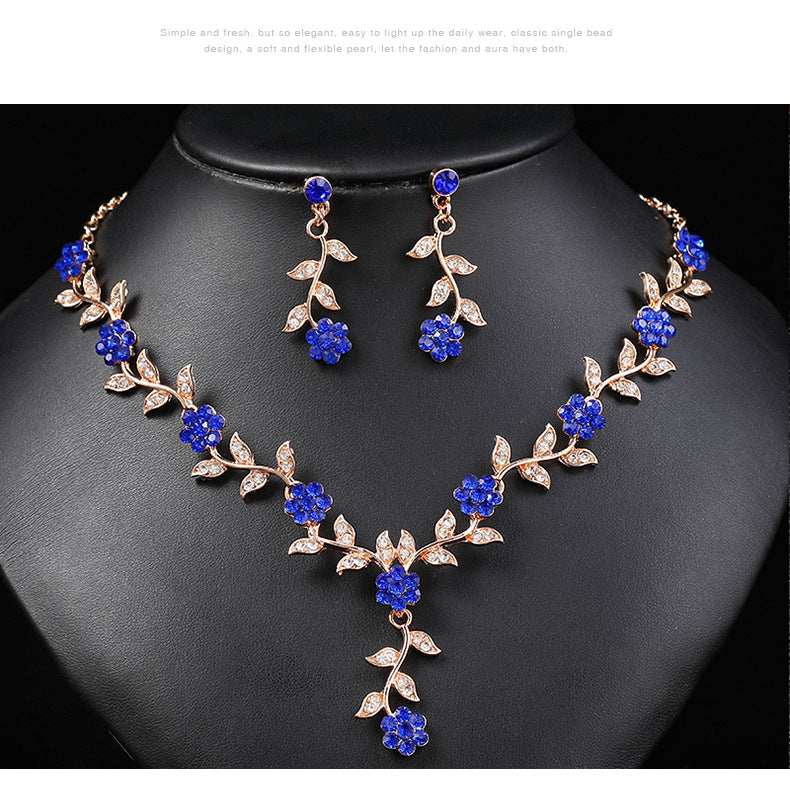 Vintage Retro Flower Shape Alloy Necklace and Earring Set with Colorful Rhinestone Inlay