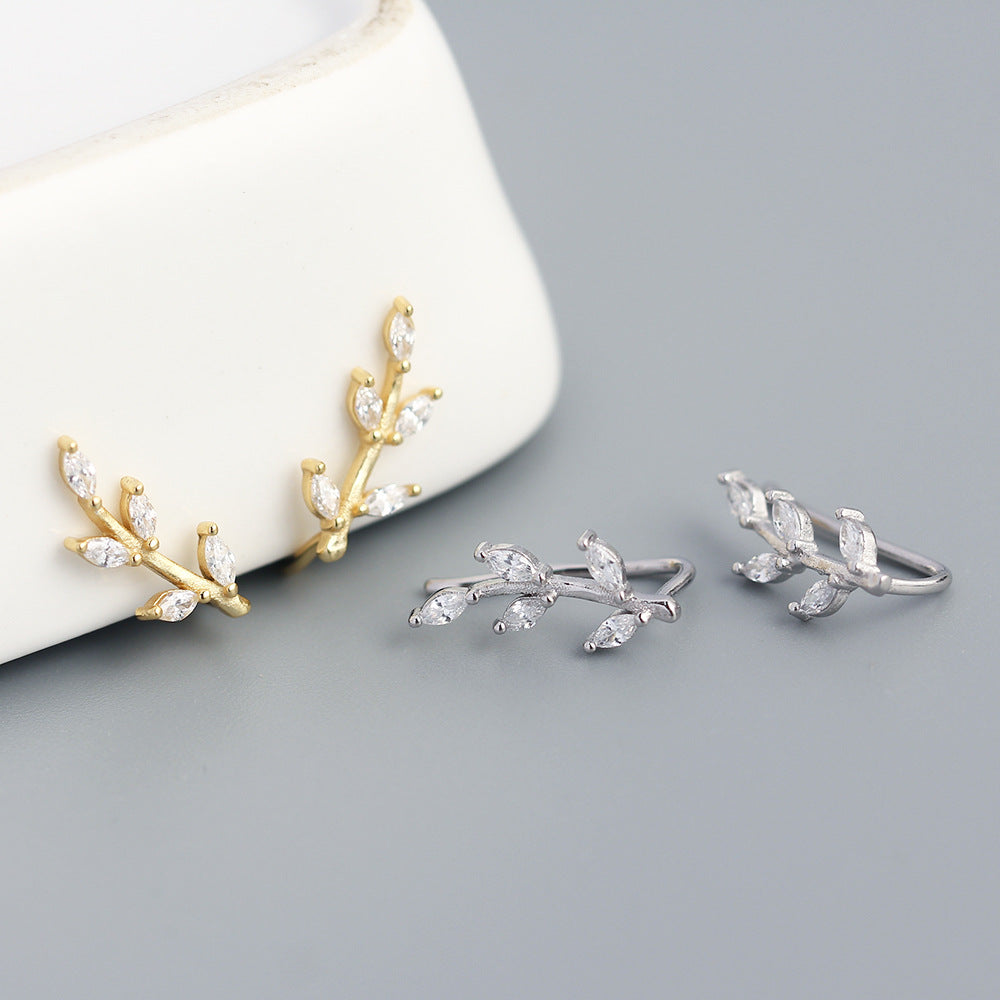 Orecchini in Argento Sterling S925 a Forma di Foglia, Dolci e Freschi, con Intarsio di Strass