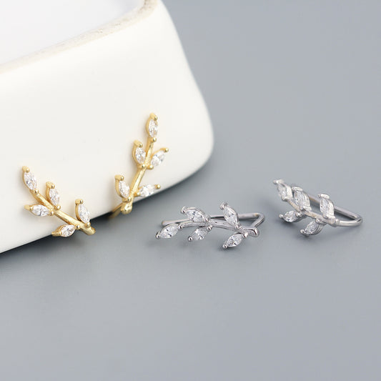 Sweet and Fresh Leaf-Shaped S925 Sterling Silver Earrings with Rhinestone Inlay
