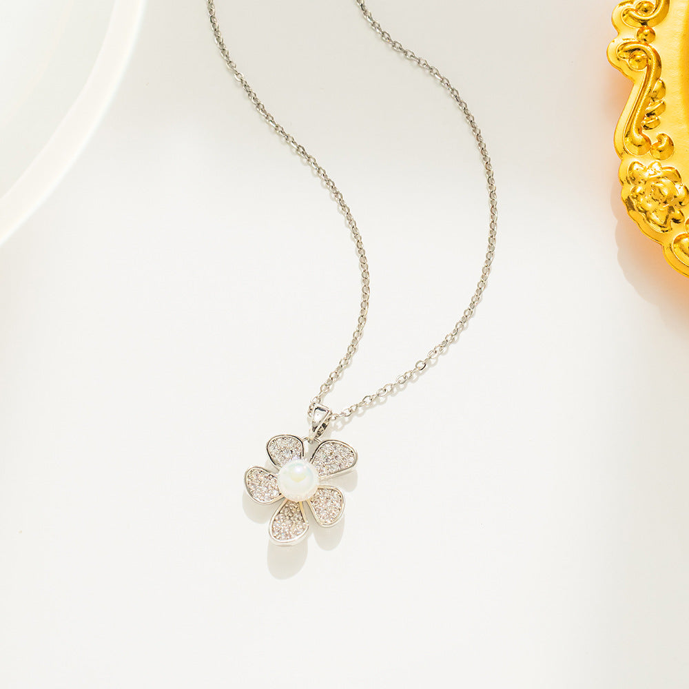 Minimalist 18K Gold Plated Titanium Steel Flower Pearl Pendant Necklace O-Chain