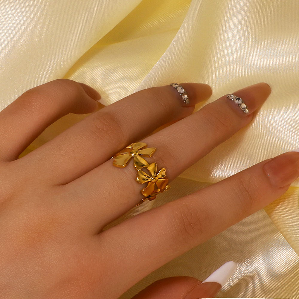 Anello regolabile in acciaio inossidabile lucido con motivo floreale minimalista e design ovale geometrico, per donna e uomo
