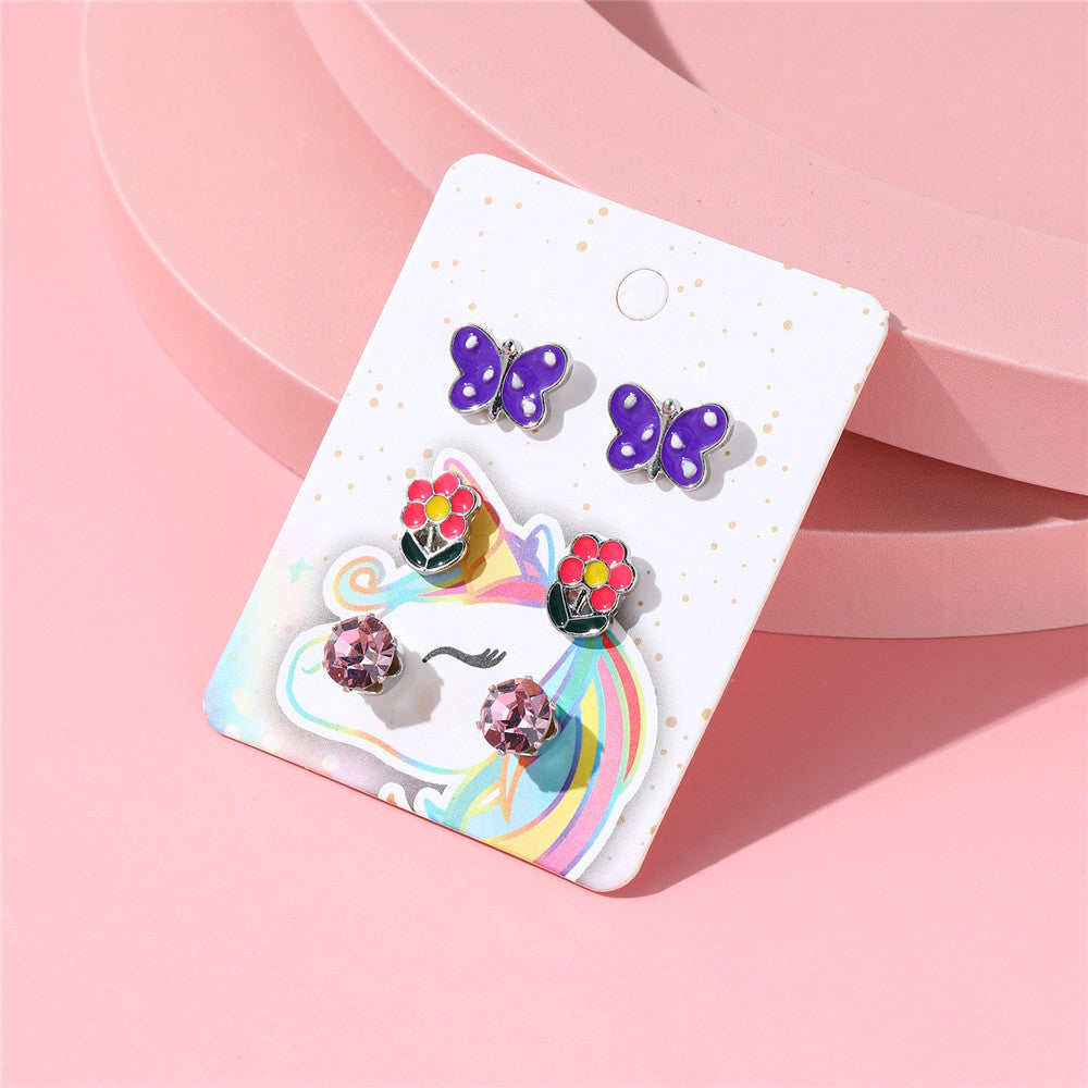 Juego de pendientes de unicornio de dibujos animados con arcoíris para niños, aleación con acabado esmaltado e incrustaciones de cristal rosa
