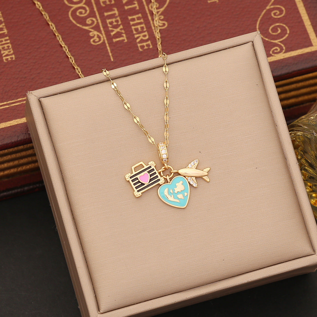 Fashionable Heart-Shaped Enamel Airplane Earth Camera Pendant Necklace in Copper for Women