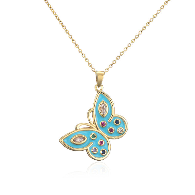 Butterfly Drip Oil Gold Plated Brass Micro-set Cubic Zirconia Necklace with Box Chain