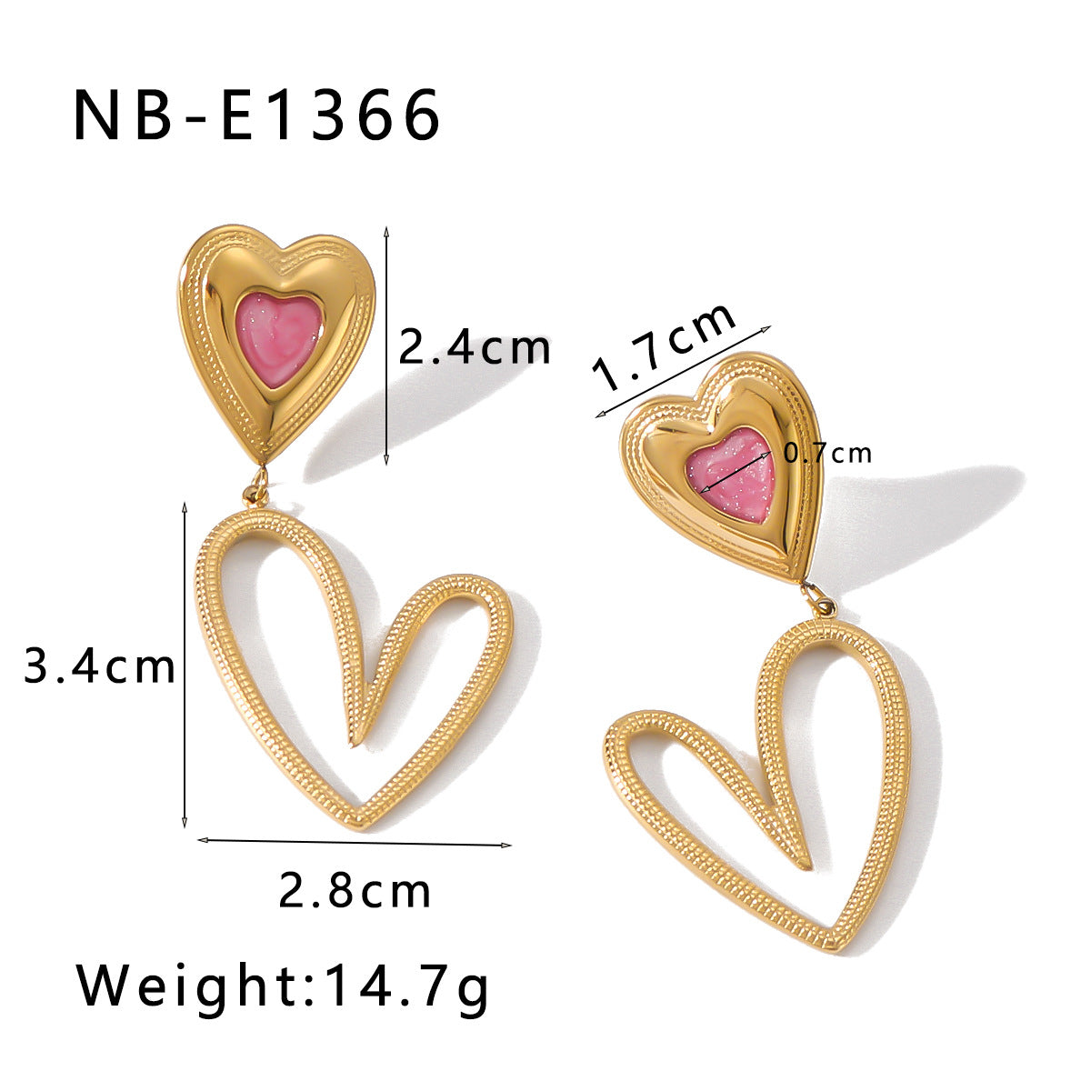Orecchini Minimalisti Asimmetrici a Cuore in Acciaio Inox con Placcatura in Oro 18K e Finitura a Smalto
