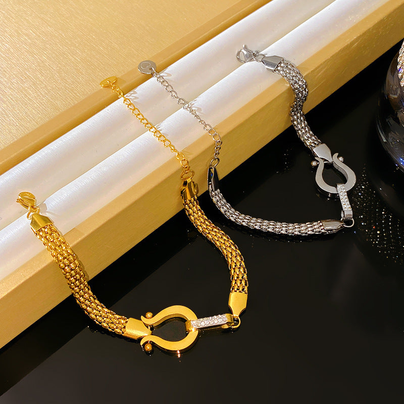 Vintage Micro-paved Diamond Horseshoe Braided Titanium Steel Bracelet