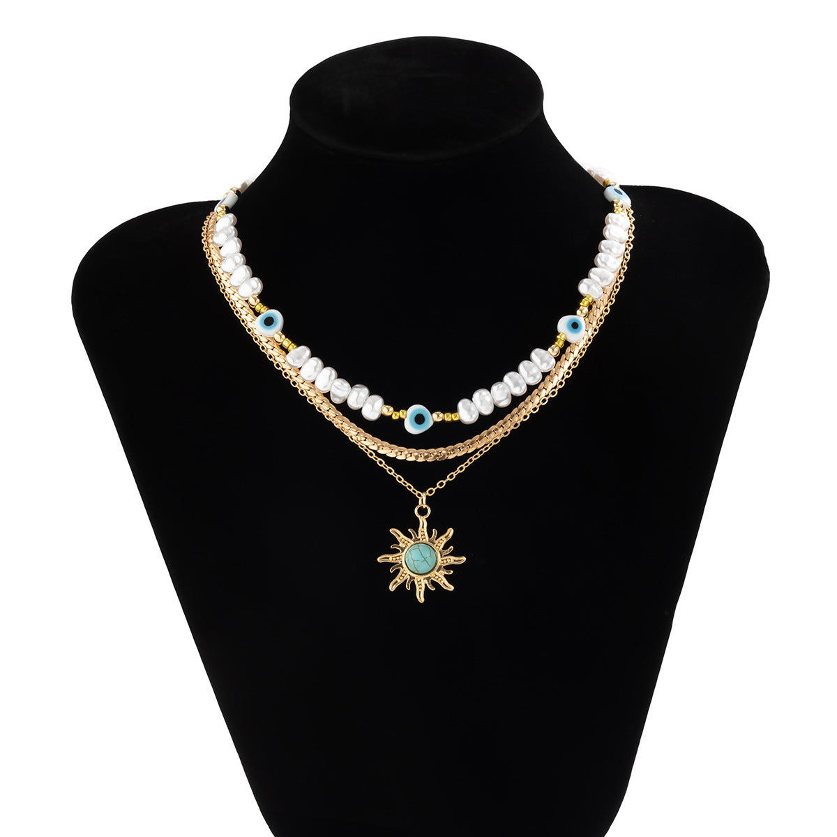 Collar con colgante vintage gótico de ojo turco con motivos solares, detalles de perlas irregulares y cadena de aleación multicapa con diseño geométrico