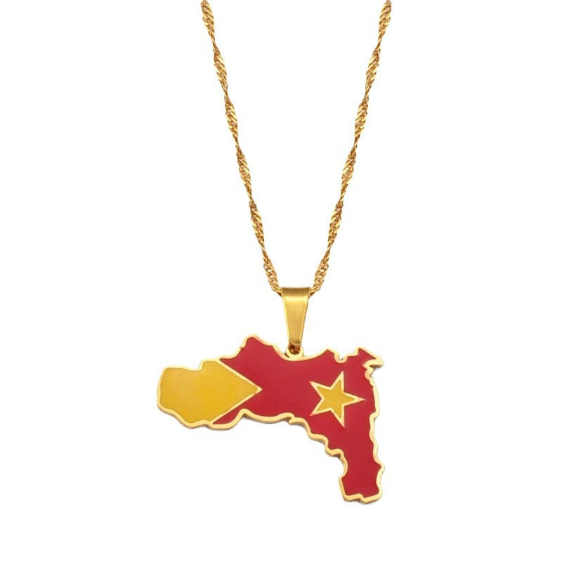 Minimalist Geometric Ethiopian Tigray Region Map Pendant Necklace for Women in Stainless Steel with Plated Titanium Steel and O-Chain