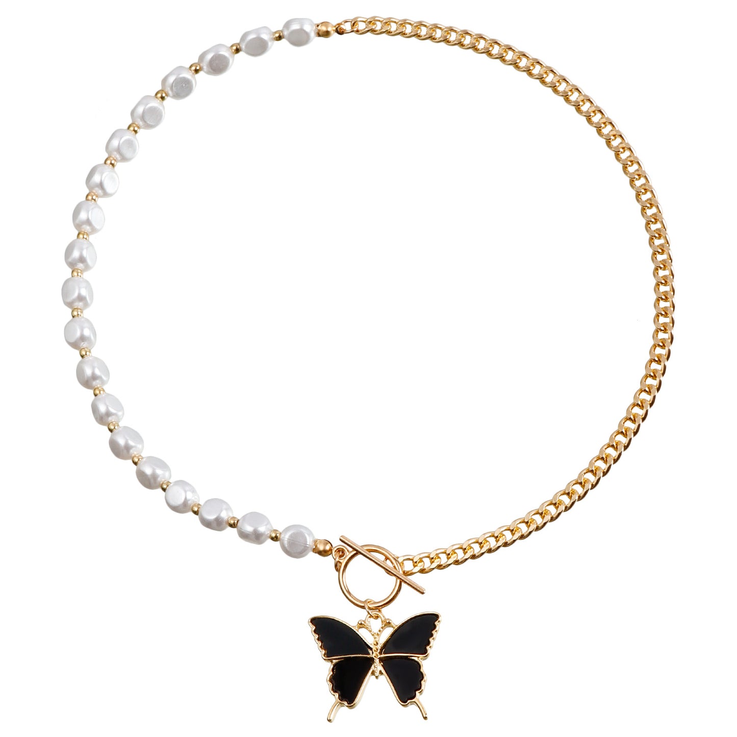 Elegant White Imitation Pearl and Shell Butterfly Geometric Aluminum Chain Necklace for Women