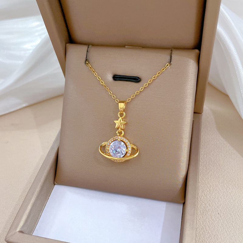 Sweet Elegant Geometric Moon Rhinestone Plated Titanium Steel Necklace for Unisex