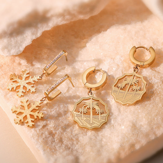 Minimalist Geometric Snowflake Earrings for Women in Titanium Steel with Gold Plating