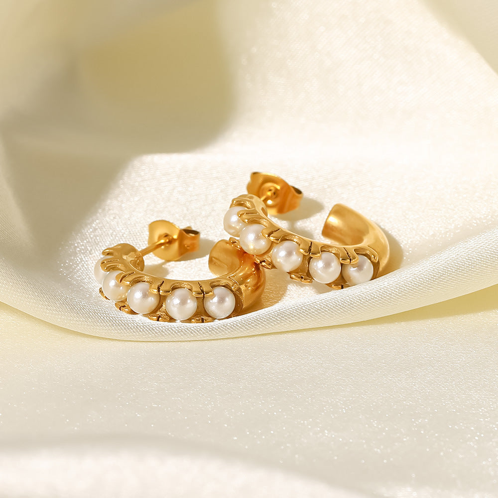 INS-Inspired Geometric Titanium Steel Earrings with 18K Gold Plating and Pearl Inlay for Women