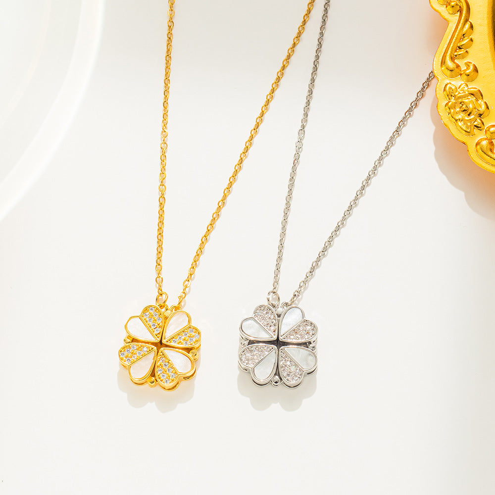 Minimalist Heart and Clover Pendant Necklace for Women in Titanium Steel with Rhinestone Inlay on O-Chain
