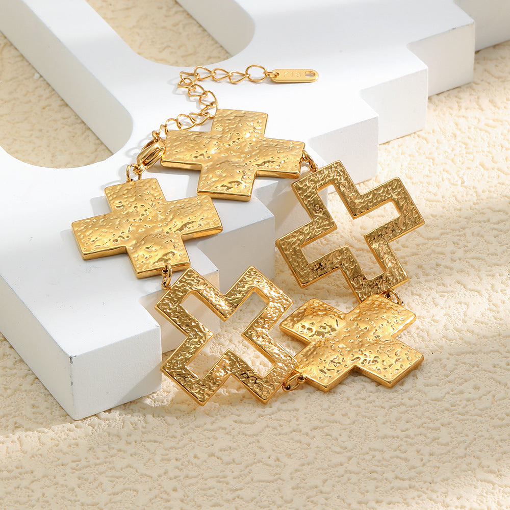 Elegant 18K Gold Plated Hammered Geometric Cross Bracelet for Women