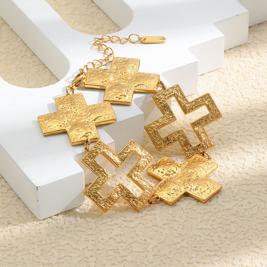 Elegant 18K Gold Plated Hammered Geometric Cross Bracelet for Women