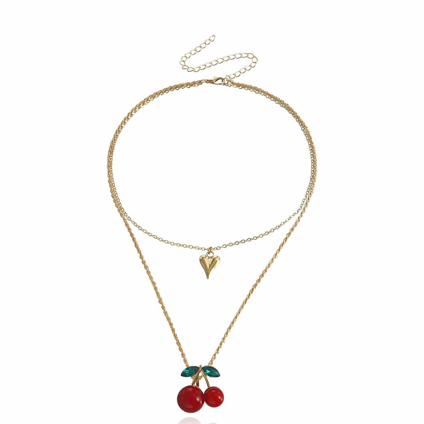 Exaggerated Red Cherry Multi-Layer Heart-Shaped Alloy Pendant Necklace for Women with Plated Finish