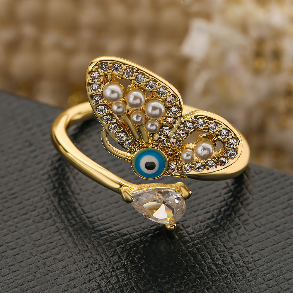 Elegant Butterfly-Shaped Geometric Open Ring for Women with Zircon and Pearl Accents, Micro-Paved Copper Jewelry