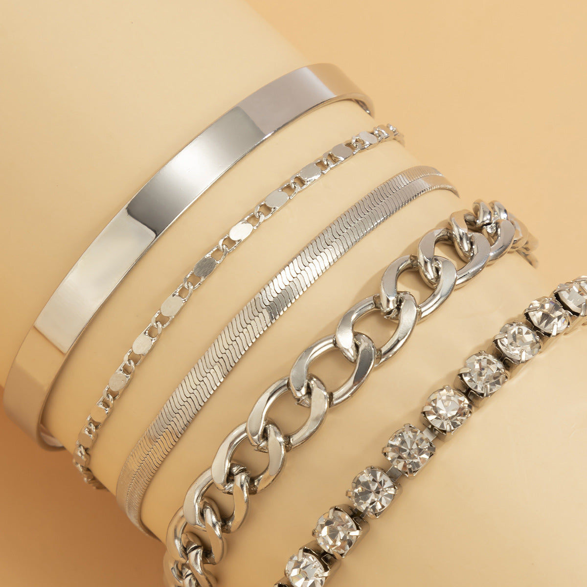 Geometric Style Stackable Snake Chain Bracelet Set for Women with Polished C-Shaped Thick Links and Rhinestone Accents