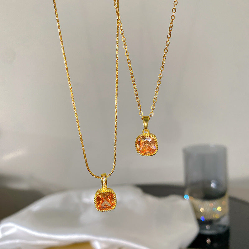 Sweet Sporty Square Geometric Cubic Zirconia Plated Titanium Steel Necklace with Brass Pendant Cable Chain