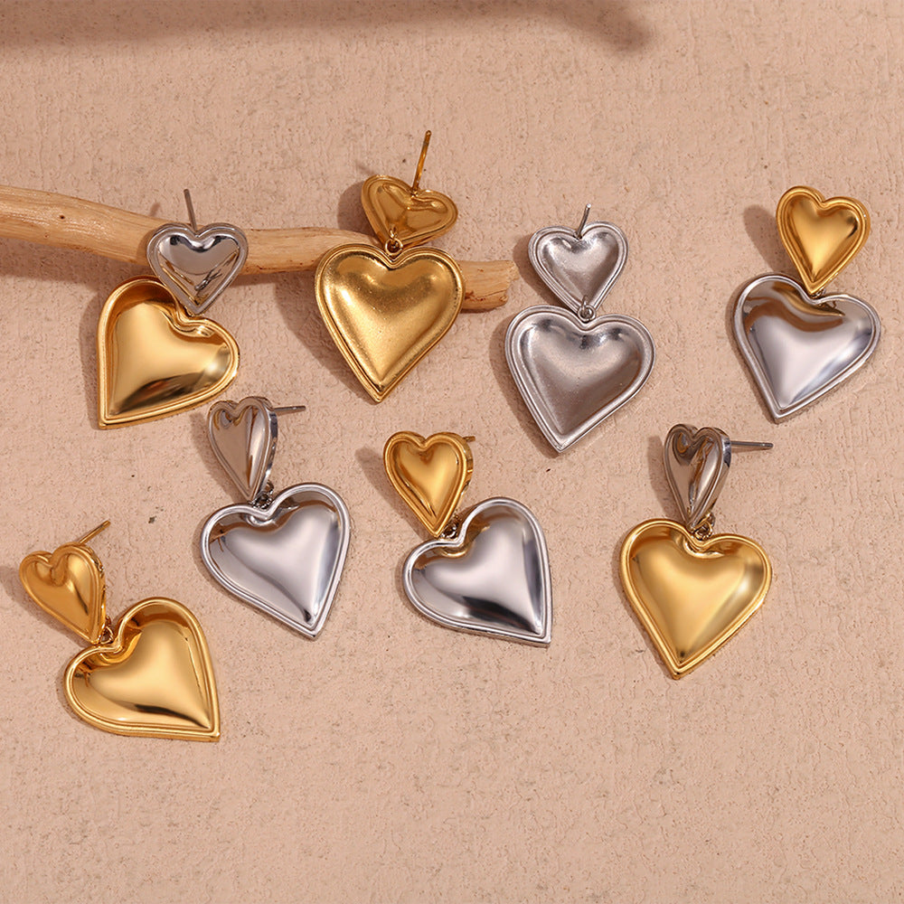 Aretes de acero inoxidable con forma de corazón de dos niveles, chapados en oro de 18 quilates, a la moda para mujer