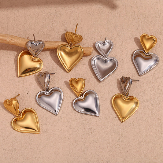 Aretes de acero inoxidable con forma de corazón de dos niveles, chapados en oro de 18 quilates, a la moda para mujer