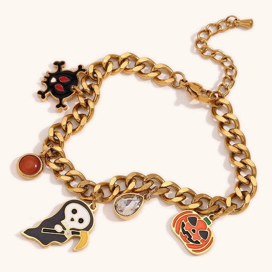 Bonita pulsera cubana de acero inoxidable con colgante de calabaza de dibujos animados de Halloween y baño de oro de 18 quilates para mujer