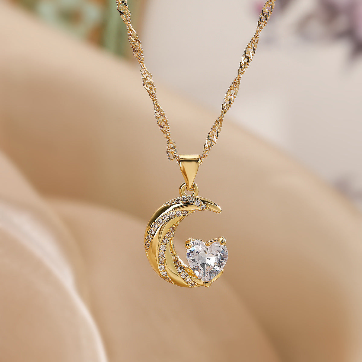 Minimalist Moon-Shaped Copper Necklace with 18K Gold Plating and Zircon Accents for Women